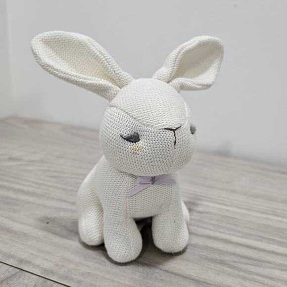 Janie and Jack White Knit Bunny Rabbit Plush Purple Bow STAIN Sitting Rattle - Picture 1 of 8
